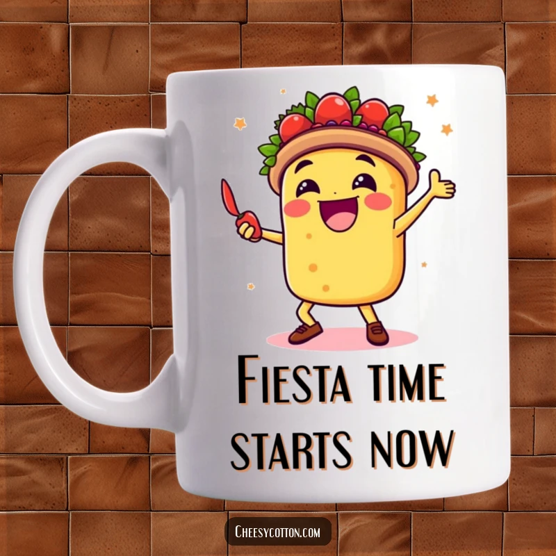 Funny mug featuring a happy taco character in a lively dance pose with a sprightly chili pepper, celebrating with pure joy.