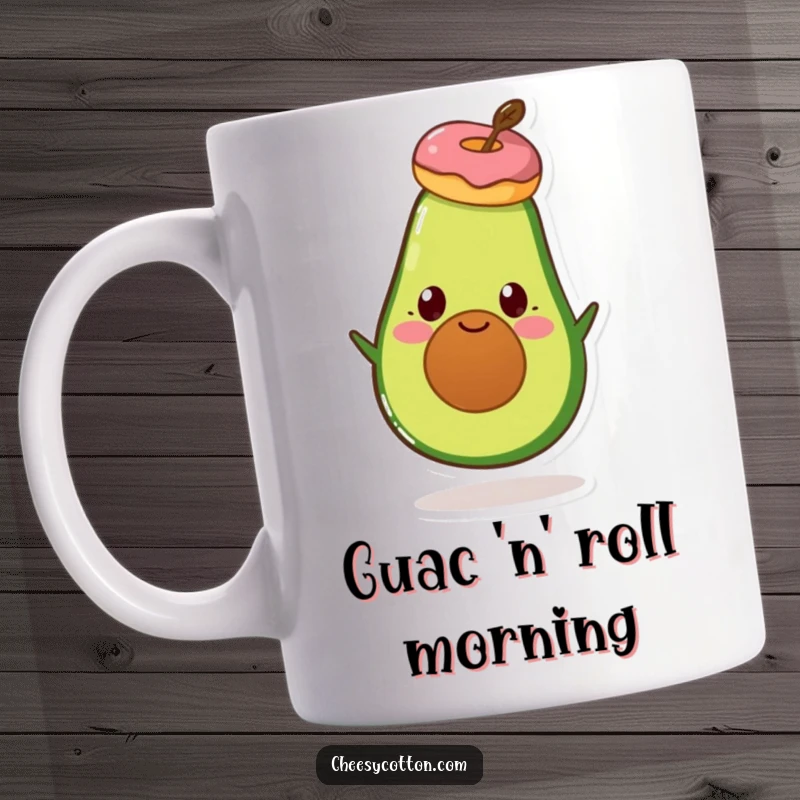 Funny Avocado Donut Mug: A smiling avocado character expertly balancing a small, frosted donut on its head.