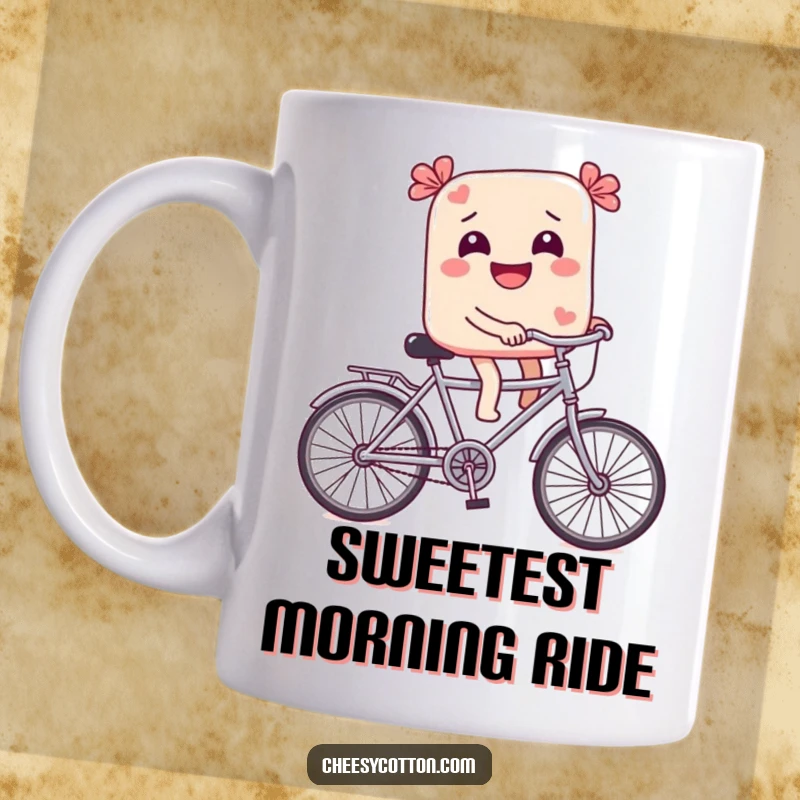 Funny Mug: A giggling candy rides a tiny bicycle, embodying sweet, whimsical joy and carefree fun for charming drinkware.
