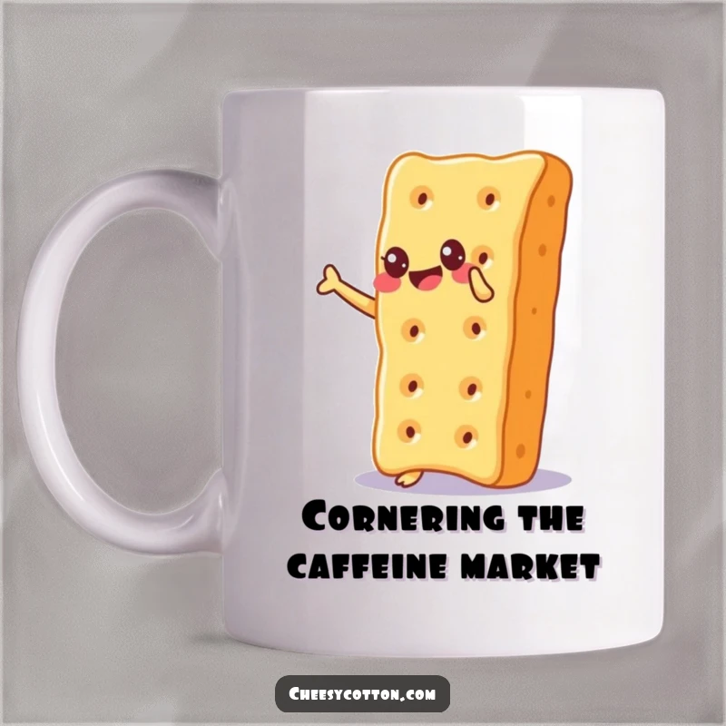 Funny Mug featuring a cheesy cracker joyfully balancing on its corner with pure glee, embodying snack-time happiness.
