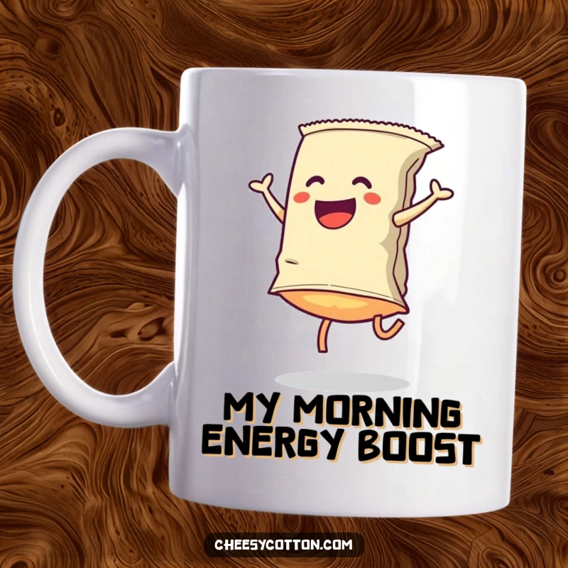 Funny Mug: A spirited chip bag performs a cartwheel, celebrating snack time with energetic, laughable, and fun-filled joy.