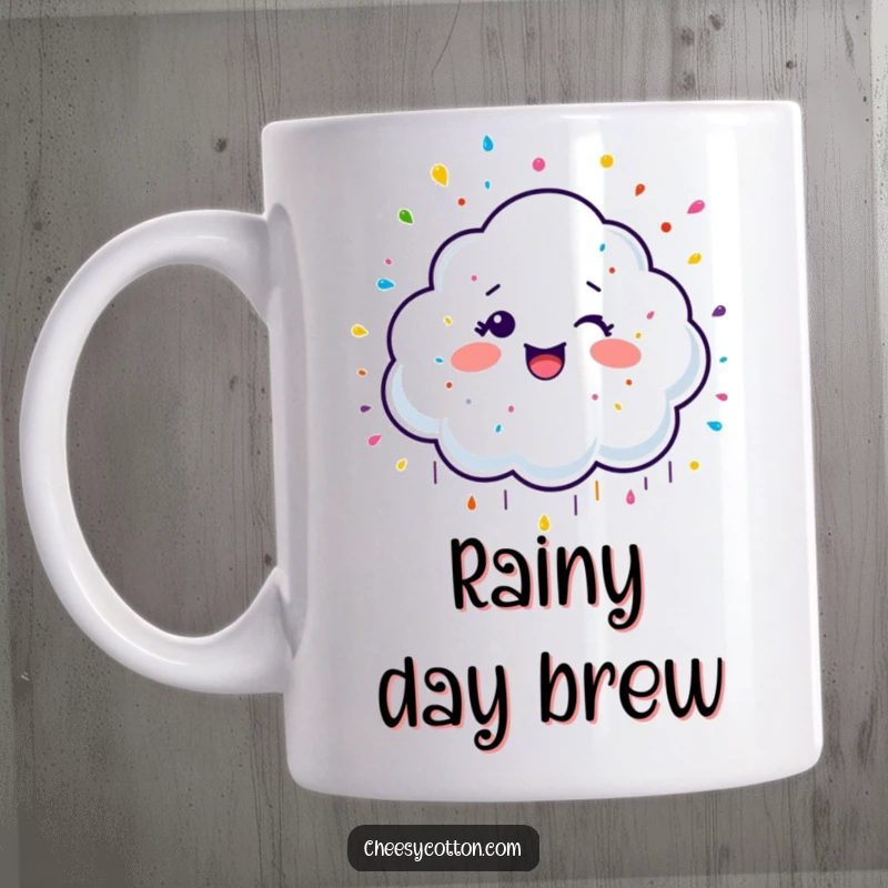 Funny Mug featuring a happy cloud character giggling while raining colorful sprinkles, bringing a cheerful and sweet vibe.