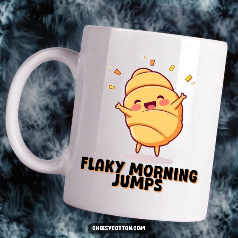 Funny Croissant Cartwheel Mug: A cheerful croissant character performing a cartwheel with its layers dramatically flying.