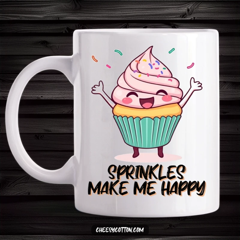 Funny mug showing a happy cupcake doing a joyful dance with colorful sprinkles flying everywhere in excitement.