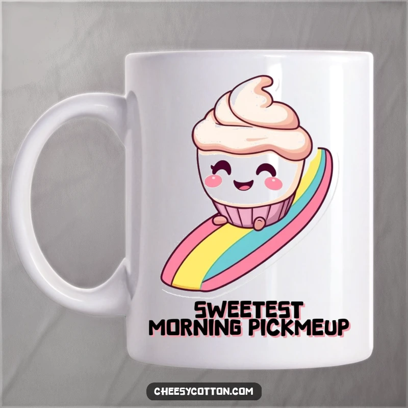 Funny smiling cupcake character with mischievous eyes, gleefully sliding down a vibrant rainbow, embodying playful sweetness.