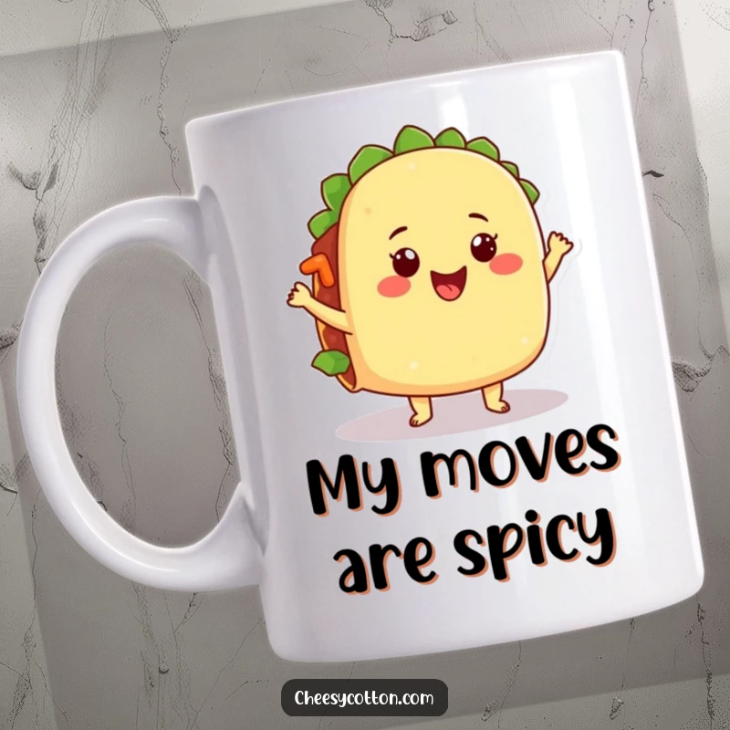 Funny mug featuring a happy taco character dancing with its filling jiggling, embodying pure joy and a love for Mexican food.