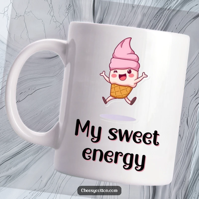 Funny cute ice cream cone character doing a cartwheel on a ceramic mug, a whimsical and humorous item.