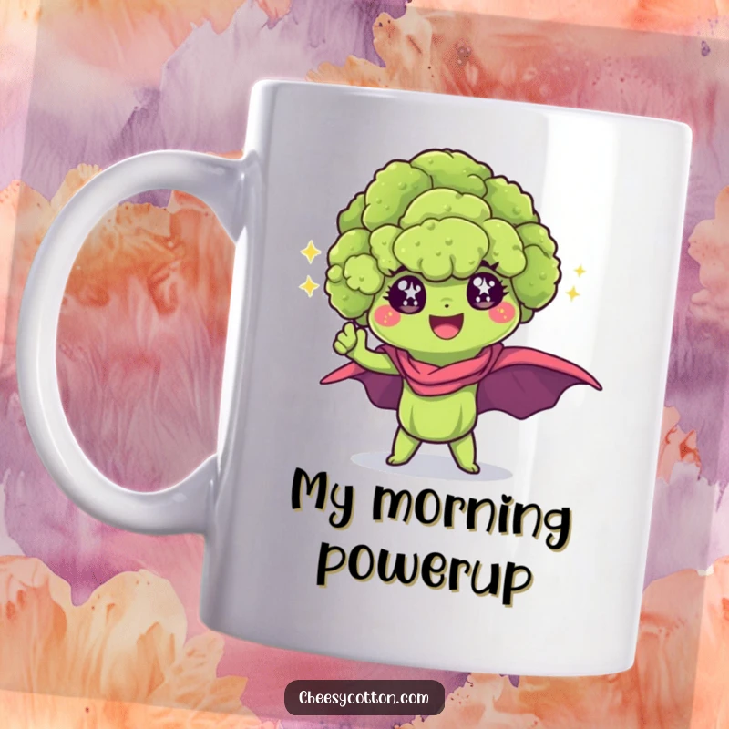 Funny Kawaii Broccoli Mug: A sparkling-eyed broccoli floret striking a confident superhero pose, radiating power and cuteness.