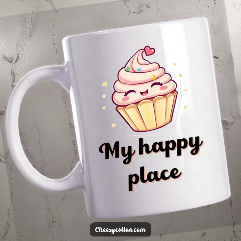 Funny Kawaii Cupcake Mug: A happy, smiling cupcake character spinning with eyes closed in pure, sweet joy, making it a delightful gift.