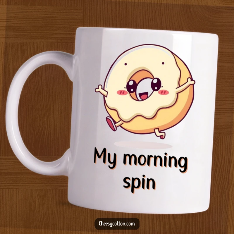 Funny kawaii doughnut doing a cartwheel with wide eyes, perfect for a giggle-filled morning coffee or tea break.