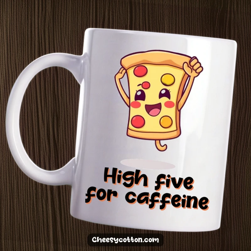 Funny mug featuring a smiling pizza slice character enthusiastically leaping for a high five, symbolizing fun and deliciousness. A cheerful gift.