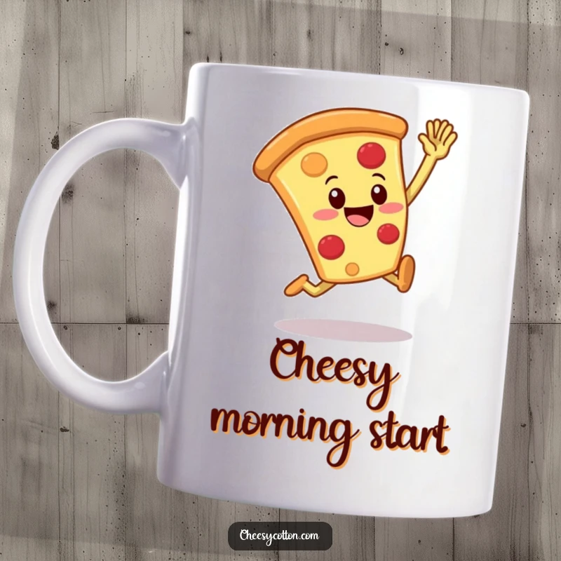Funny smiling pizza slice character leaping up to give a high five on a ceramic mug, a joyful gift idea.