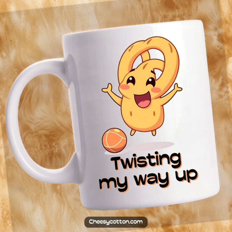 Funny smiling pretzel character joyfully bouncing a rubber ball, playful and energetic design for coffee lovers.