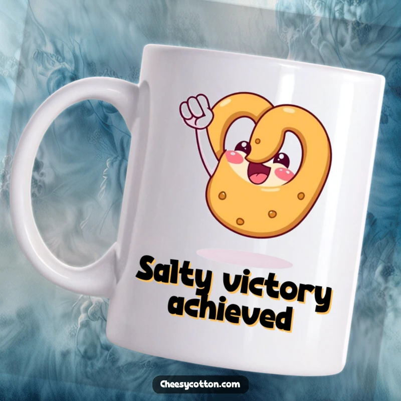 Funny mug shows a happy pretzel character pumping its fist in the air with pure joy and victory.