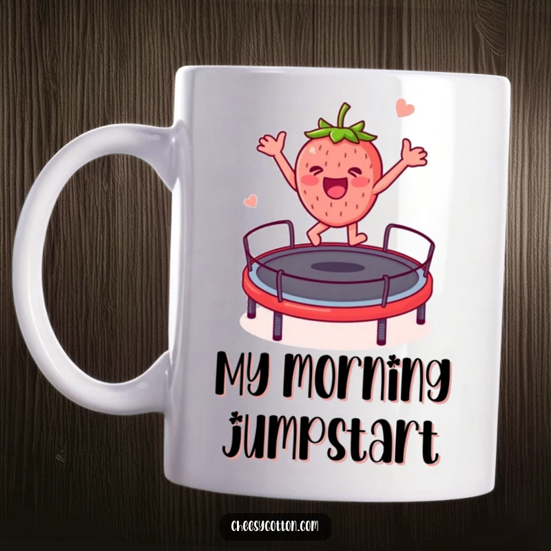 Funny strawberry character energetically leaping high on a trampoline, captured in a joyful and humorous illustration for a mug.
