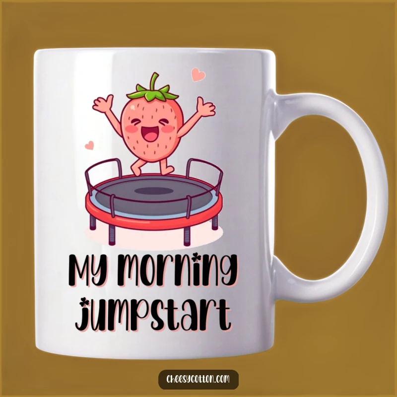 Funny Strawberry Trampoline Jump Mug: Hilarious Cartoon Character for a Joyful Gift