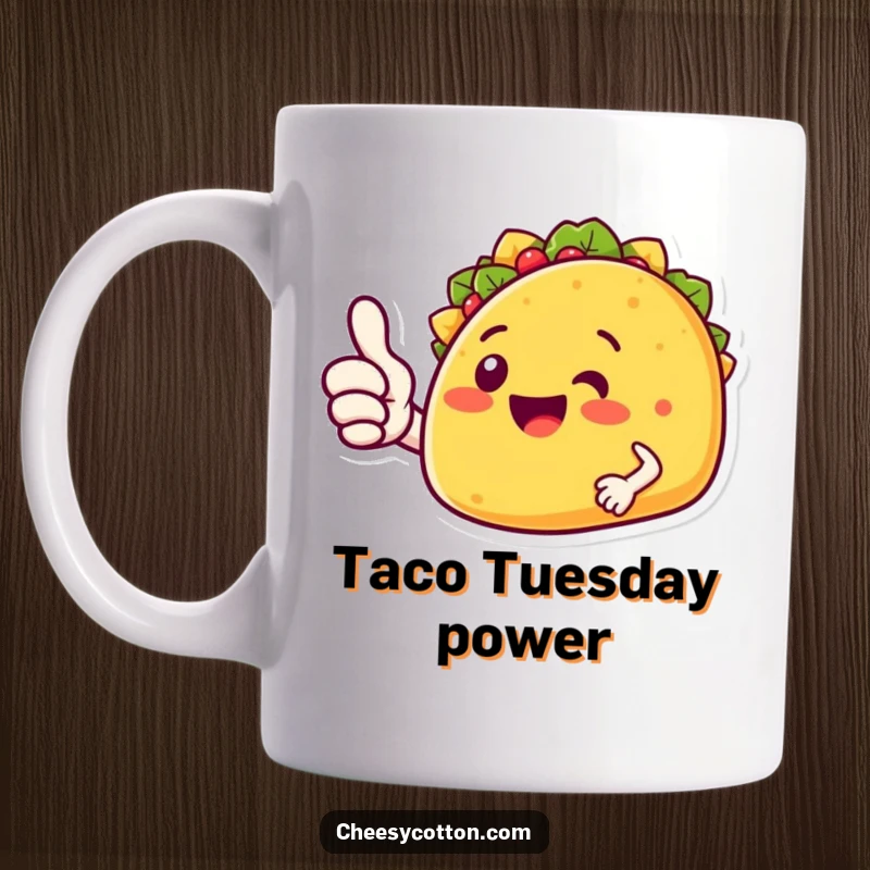 Funny taco character with a big smile giving a cheerful thumbs up, depicted on a mug with enthusiasm.
