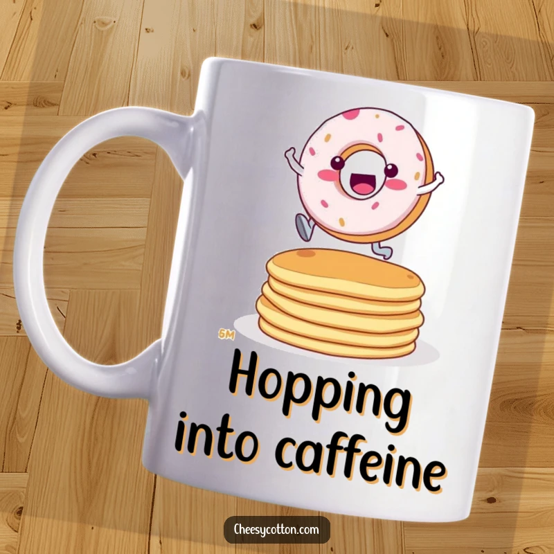 Funny Donut Pancake Leap Mug: A determined donut character energetically leaping over a tall stack of pancakes.
