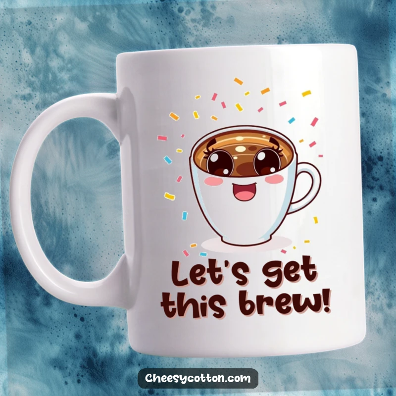 Funny, excited kawaii coffee cup with wide eyes cheering amidst colorful confetti, depicted on a mug.
