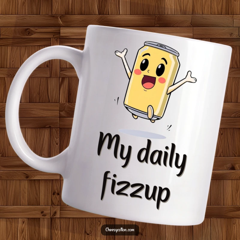 Funny Mug: An excited soda can performs a high jump, symbolizing energetic enthusiasm and fizzy excitement for uplifting drinkware.
