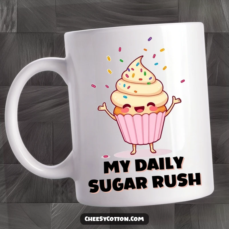 Funny cupcake character joyfully juggling colorful sprinkles on a ceramic mug, a delightful and humorous gift idea.
