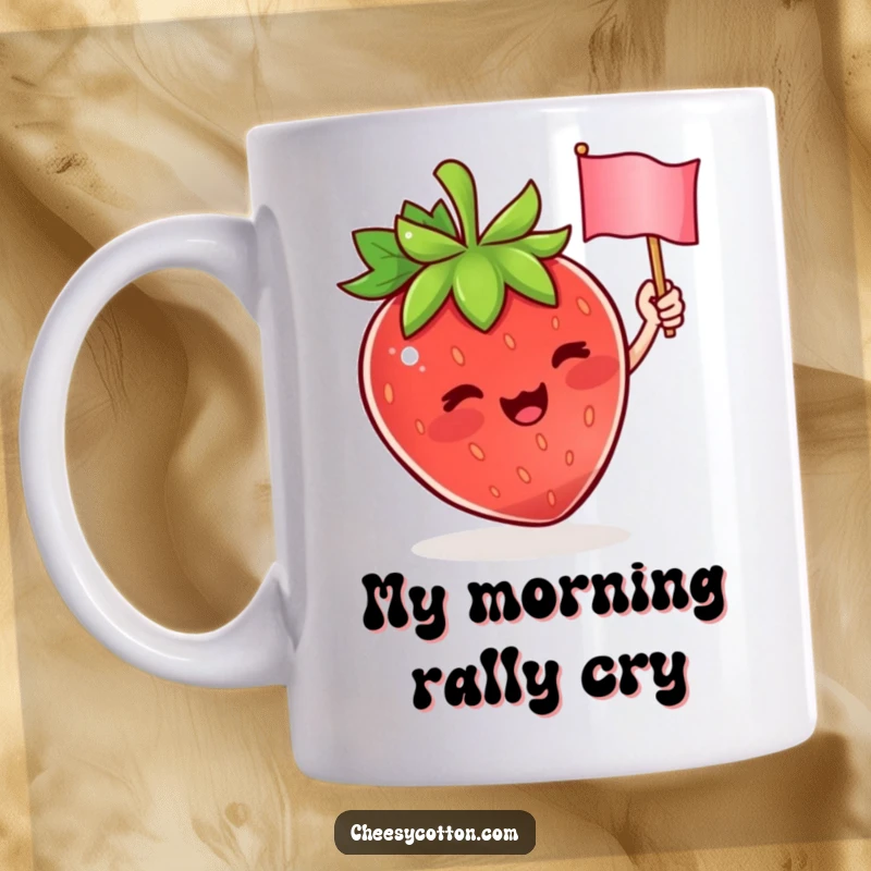 Funny mug with a cute strawberry character enthusiastically waving a tiny flag, spreading joy and humor. Perfect for a cheerful gift.