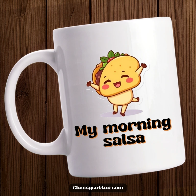Funny Mug featuring a cute kawaii taco character winking and performing a dynamic cartwheel, full of playful energy.