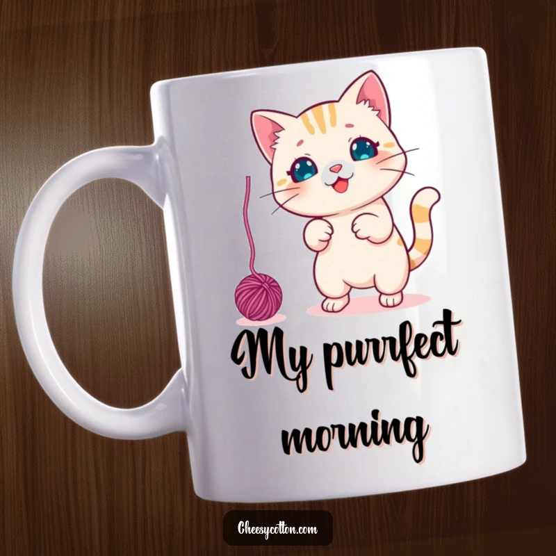 Funny Mug featuring a cute kawaii cat character playfully swatting at a dangling yarn ball, full of feline mischief.