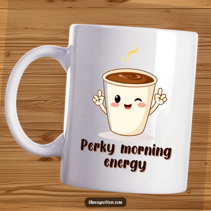 Funny mug featuring a cheerful coffee cup character enthusiastically doing jazz hands, celebrating the joy of caffeine.