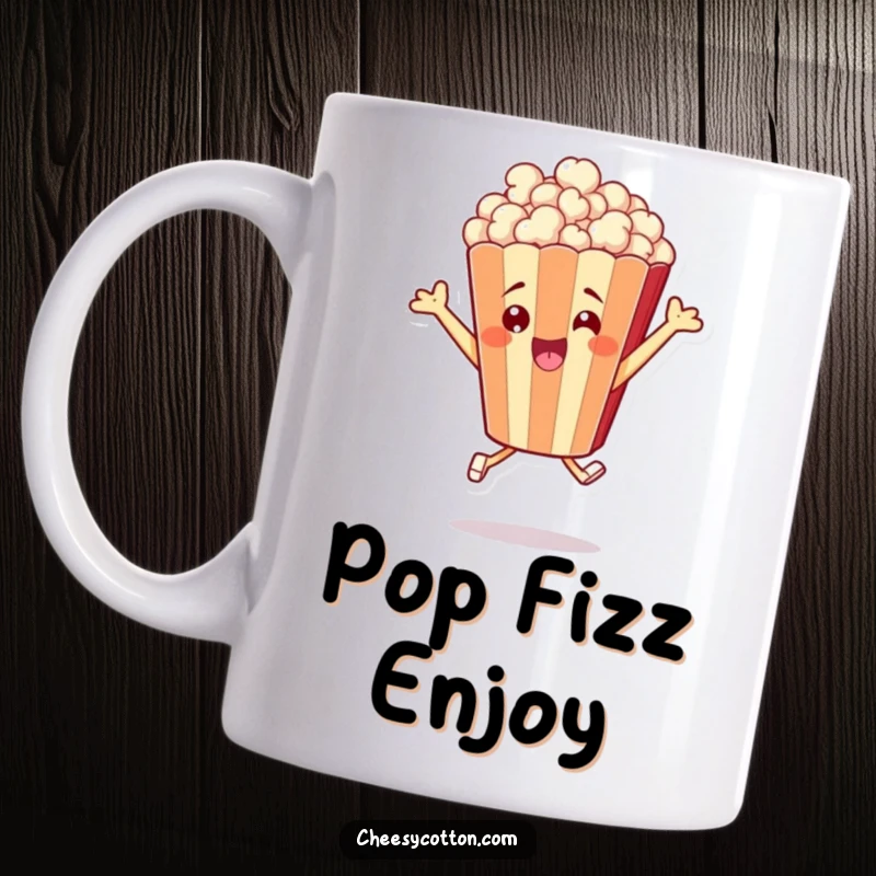 Funny mug showing a cheerful popcorn bag character joyfully leaping into the air, full of excitement and energy.