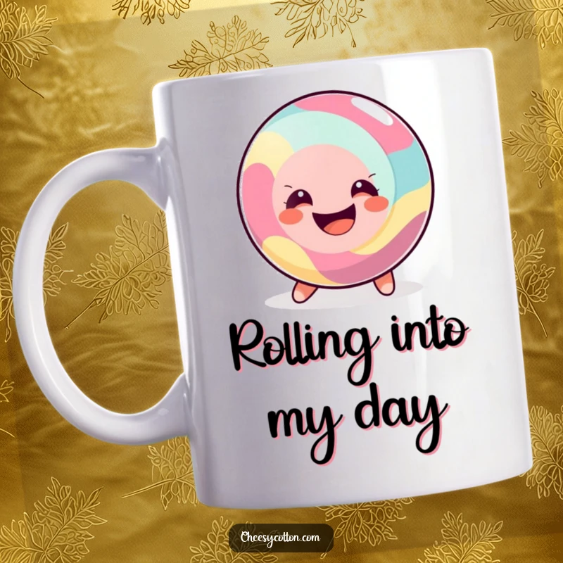 Funny Mug featuring a happy, round candy character rolling along with a big, infectious smile, radiating pure sweetness.