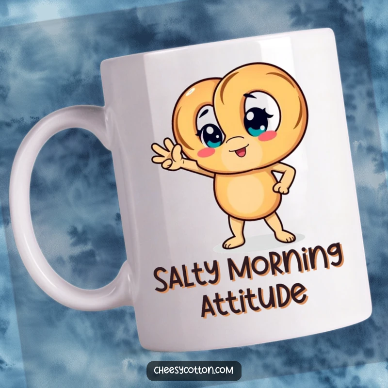 Funny mug featuring a pretzel character striking a super confident power pose, exuding boldness.