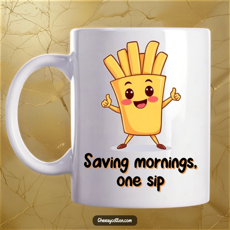 Funny mug featuring a happy french fry character striking a confident superhero pose, representing strength and deliciousness. A heroic gift.