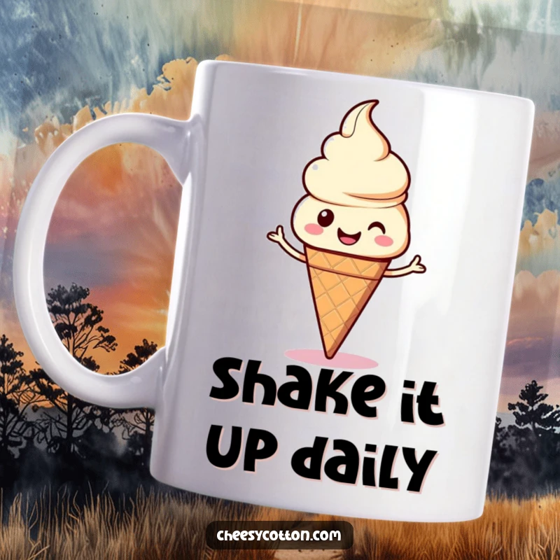 Funny kawaii ice cream cone with a beaming smile doing a silly dance, perfect for a cheerful start to the day.