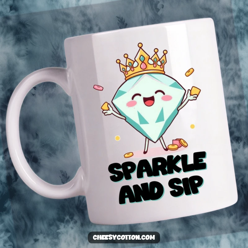 Funny joyful diamond character wearing a crown, tossing celebratory snacks, a humorous and sparkling mug for celebrations.