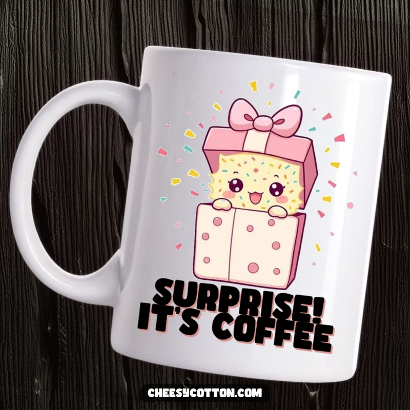 Funny Mug featuring a bouncing present character exploding with confetti, symbolizing an exciting and hilarious surprise.