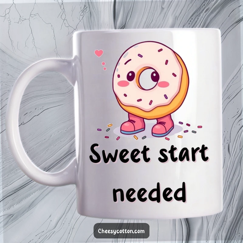 Funny mug showcasing a confused donut character adorably wearing tiny boots and stepping into a pile of colorful sprinkles, full of sweet charm.