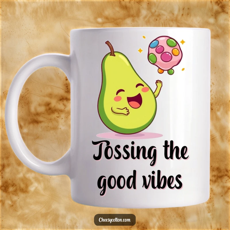 Funny mug illustration of a happy avocado character joyfully tossing a colorful bean bag, perfect for healthy food fans.