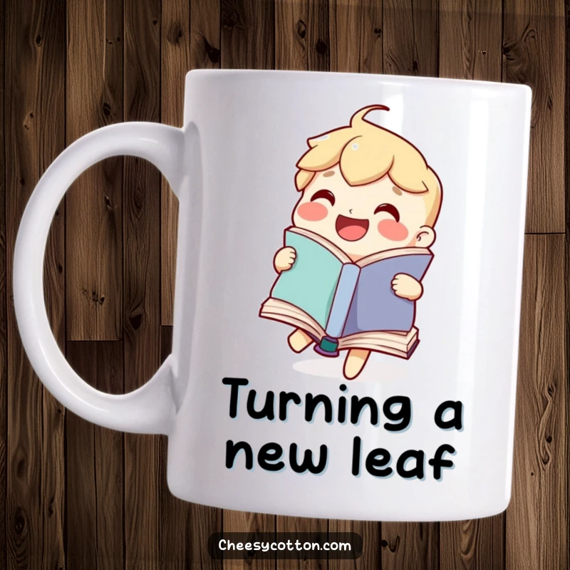 Funny mug showcasing a joyful book character happily flipping its pages, celebrating the love of reading and humor.