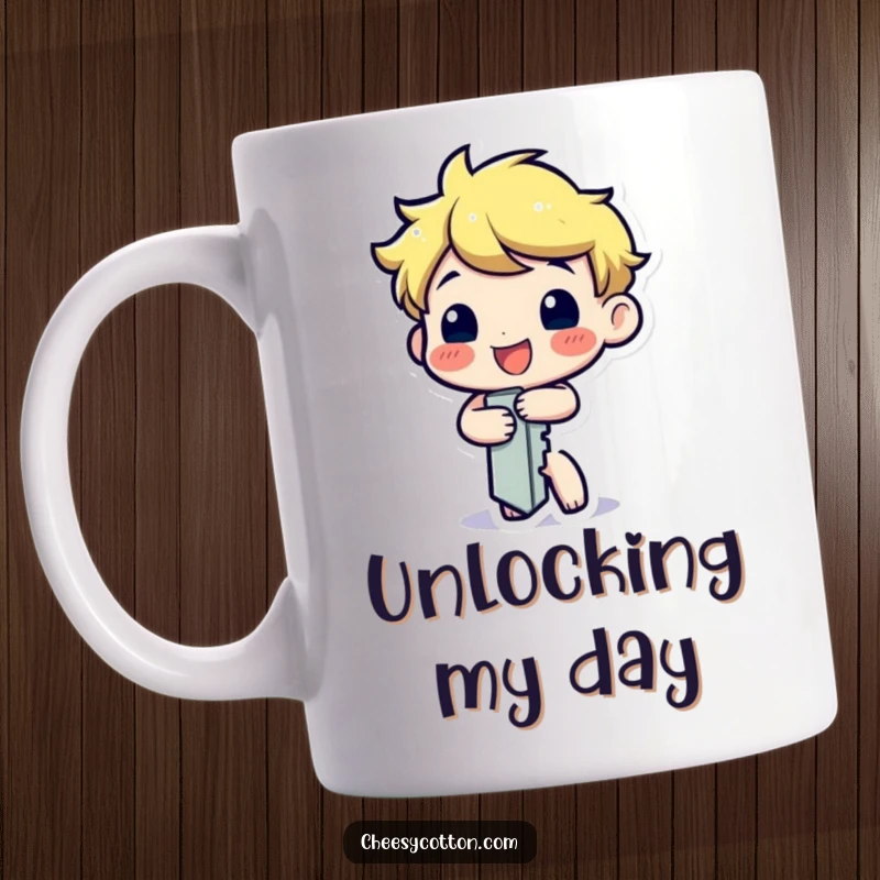 Funny mug showcasing a happy little key character cheerfully turning itself, symbolizing unlocking fun and laughter.
