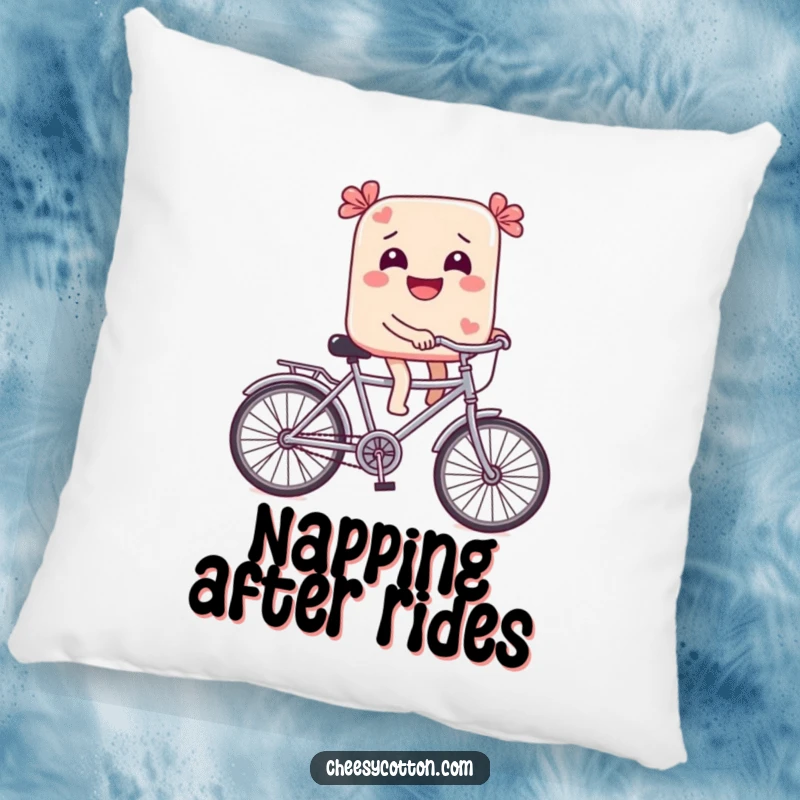 Funny Pillow: A giggling candy on a tiny bicycle offers cozy comfort and whimsical decoration, embodying sweet playfulness.