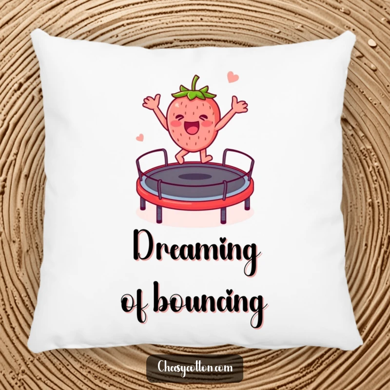 Funny strawberry character in a funny trampoline pose, featured on a soft pillow for a humorous decorative accent.