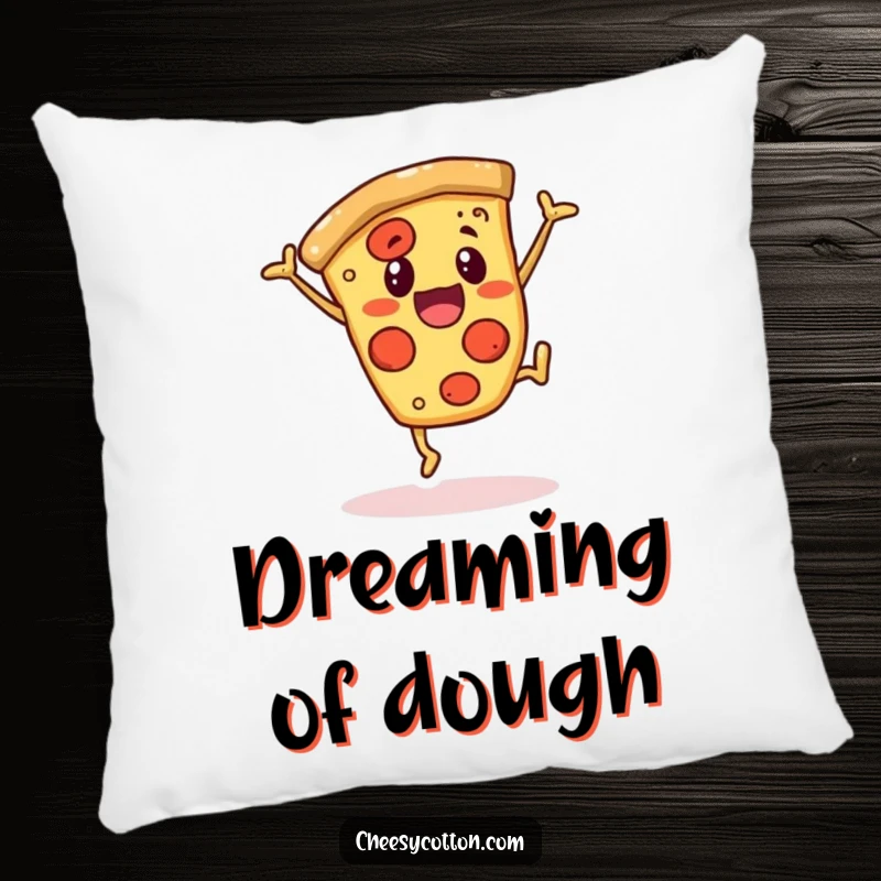 Funny pillow featuring a cheerful pizza slice character doing a cartwheel, providing comfort and a dose of humorous foodie delight.