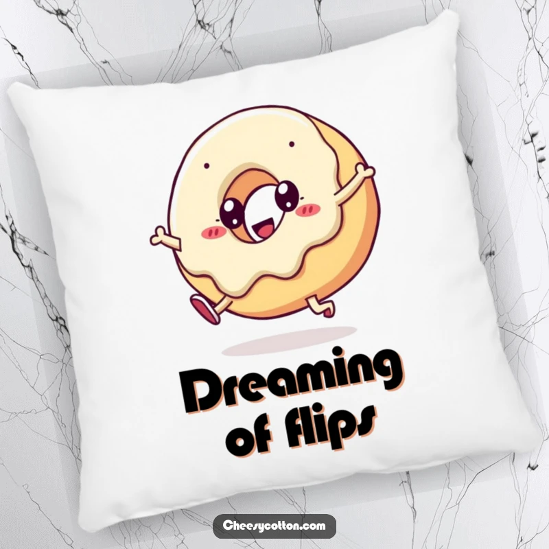 Funny kawaii doughnut in mid-cartwheel pose as a soft, decorative pillow for ultimate comfort and humor.