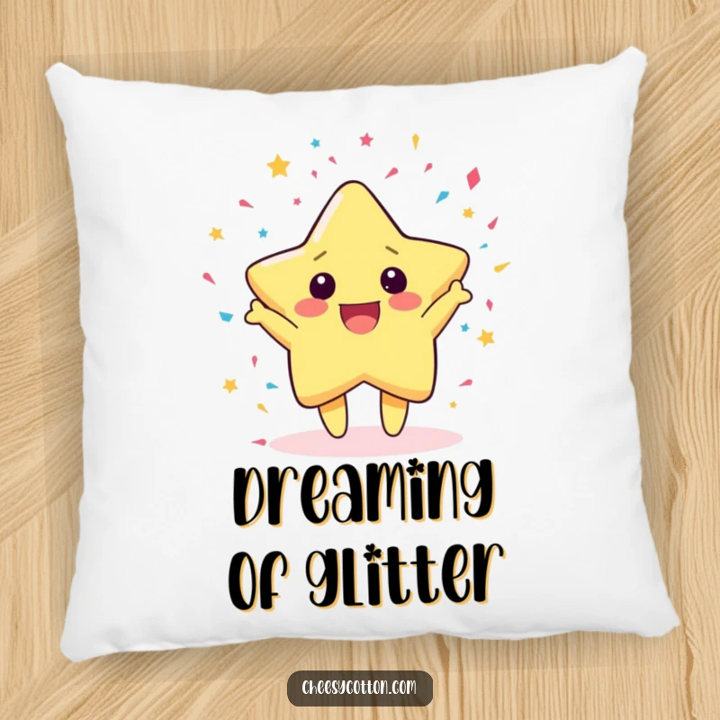 Funny Pillow featuring a cute kawaii star character joyfully throwing confetti, perfect for adding a celebratory and soft touch.