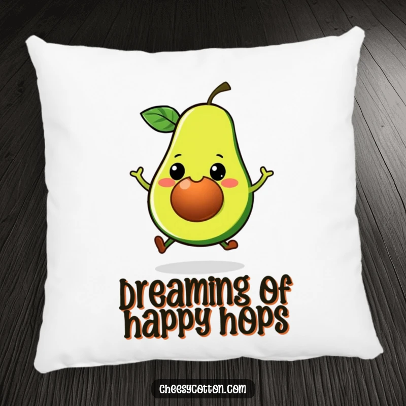 Funny Kawaii Avocado Pillow: A soft cushion adorned with a grinning, hopping avocado, adding playful comfort.