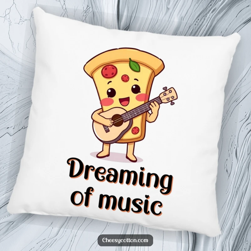Funny pillow featuring a cute pizza slice character playing a ukulele, providing comfort and a musical vibe.