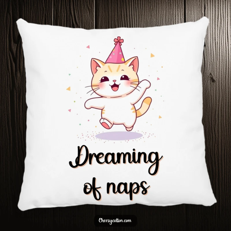 Funny decorative pillow with a Kawaii cat in a party hat, joyfully leaping through glitter, bringing soft, sparkly comfort.