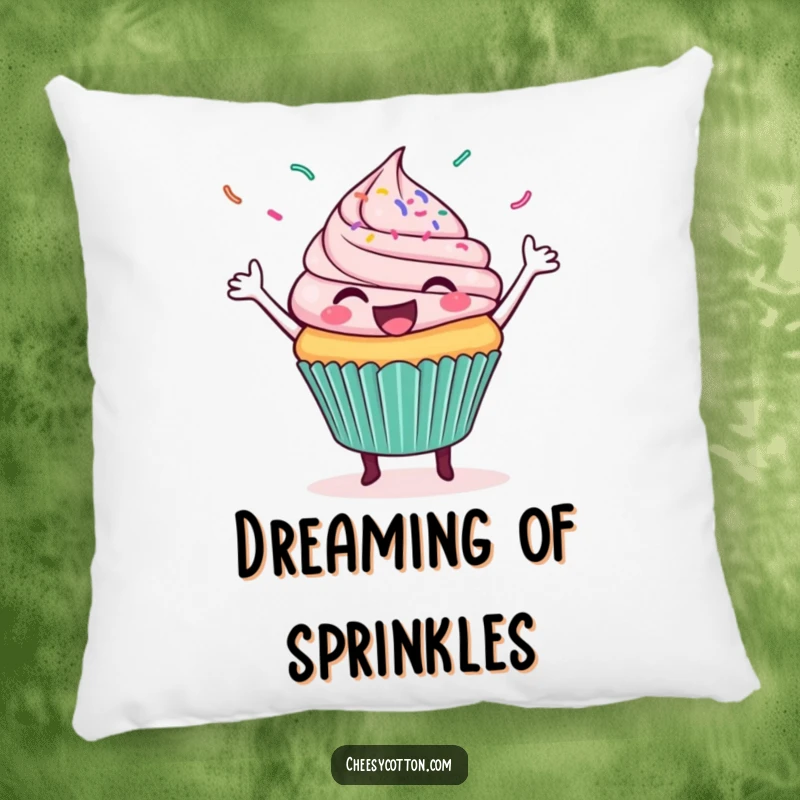 Funny pillow showcasing a happy cupcake dancing joyfully with a whimsical scattering of colorful sprinkles.