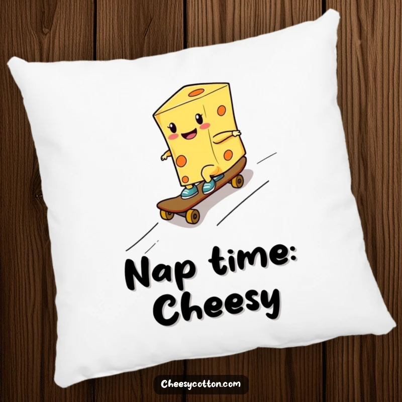 Funny pillow showcasing a smiling cheese character skateboarding down a ramp, perfect for adding cool comfort to any setting.